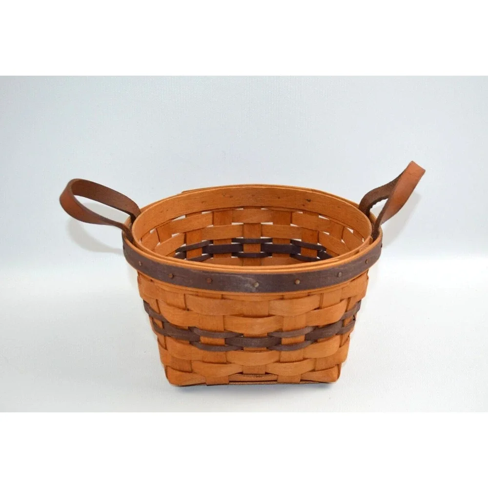 Longaberger 1992 Round Basket 2 Leather Handles Purple Accent Weaves